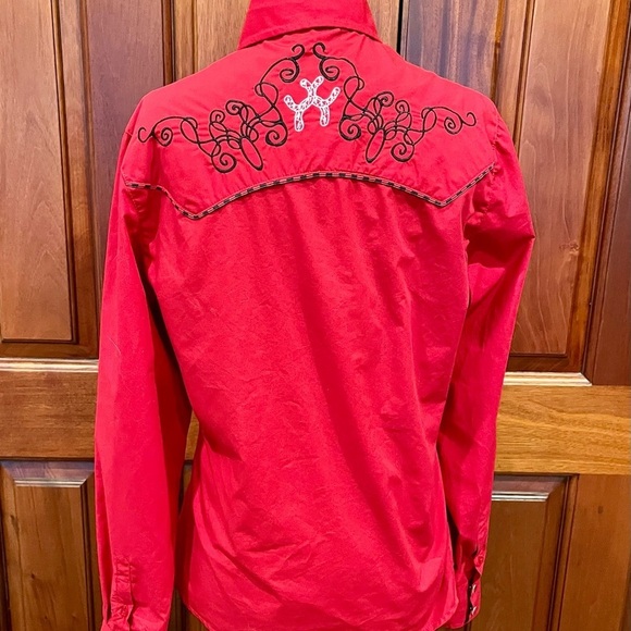 Ace of Diamond Western Cowgirl Red Pearl Snap Shirt Button Embroidery Size L - Picture 4 of 10